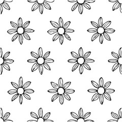 Seamless pattern of hand-drawn daisy flowers in black and white design