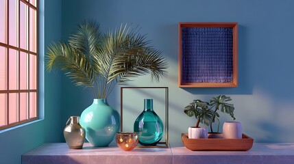 Stylish Interior Decor Featuring Ceramic Vases and Green Plants Against Teal Wall with Natural Light