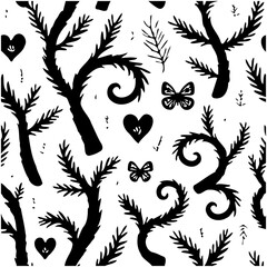 Whimsical forest seamless pattern with trees hearts butterflies in black and white vector