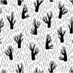 Monochrome Seamless Pattern of Trees with Branch and Background of Lines