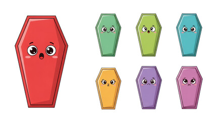 Colorful Cartoon Coffins Expressing Emotions in Fun Illustrations for Kids