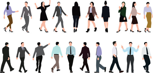 Vector flat illustration of diverse business people walking, professional attire, office staff, formal fashion, corporate team, isolated characters, workplace diversity, teamwork concept