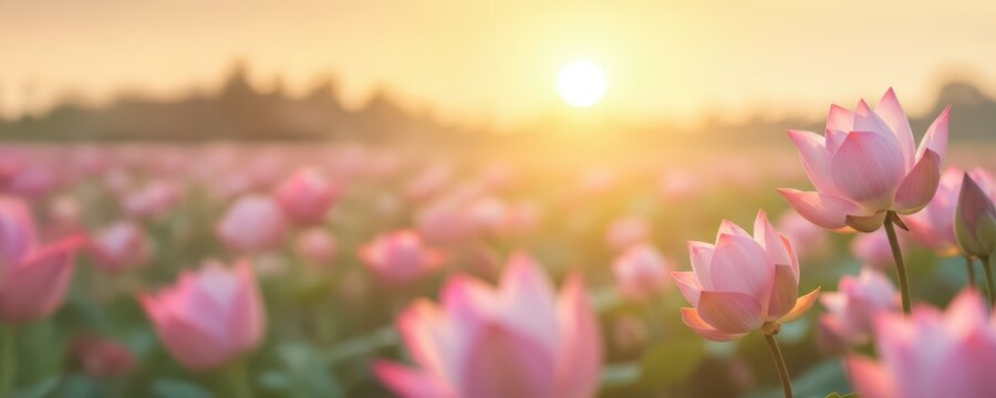 Pink water lotus flowers bloom by a calm lake at sunrise or sunset or sunrise. Idyllic nature scene with serene blossoms and a warm glowing sun for travel blog about Asian garden, post, or banner.	
