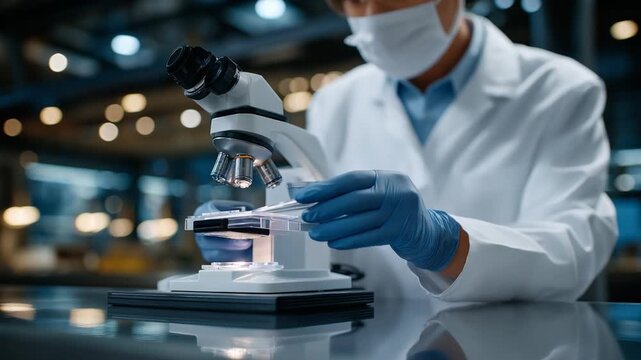 Scientists in a serene lab adjusting microscope slides for research