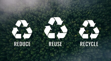 Three white recycling symbols with the words reduce reuse recycle over a drone view of a dense green forest