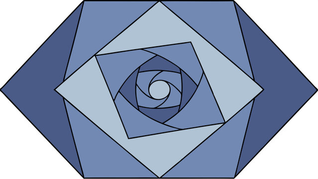 Geometric blue rose spiral abstract design with hexagonal outline