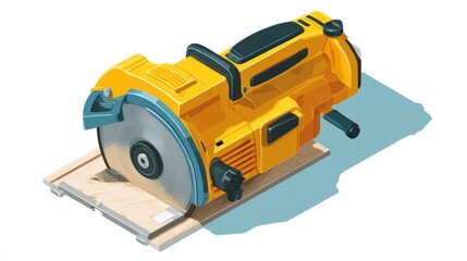 Fototapeta premium Isometric view of a yellow circular saw resting on a wooden base