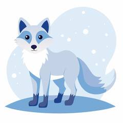 Cute cartoon arctic fox standing in snow isolated on white background