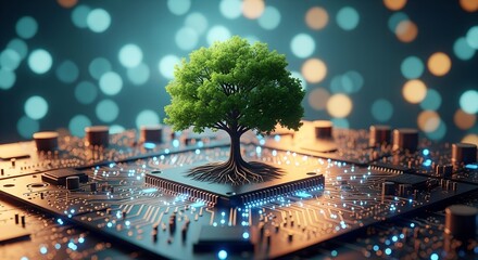 Vibrant green tree with exposed roots growing from a central computer chip on a circuit board