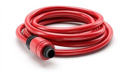 Coiled red garden hose with a black nozzle attached sits on a white surface, casting a soft shadow