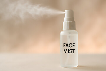 Refreshing Facial Mist: A close-up captures the delicate mist spraying from a translucent bottle of face mist, showcasing its hydrating and revitalizing qualities. 