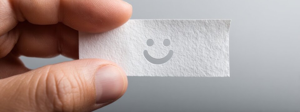 Person holding a small piece of paper with a smiley face design in a neutral setting