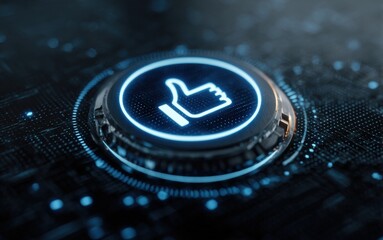 Digital thumbs up symbol representing approval and feedback on a modern technological interface at night