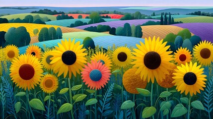 Vibrant Sunflower Field Overlooking Rolling Hills and Colorful Landscape Under Clear Sky