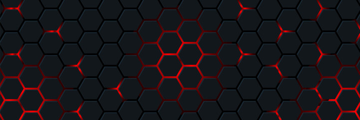 Black hexagon and red light.Abstract 3d background