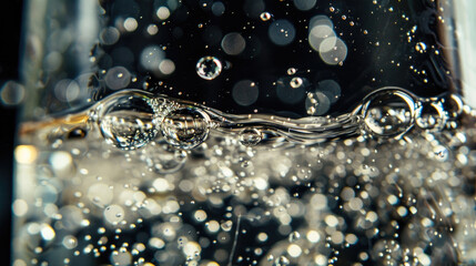 Close-Up of Effervescent Bubbles in Sparkling Water with Abstract Light Reflections and Bokeh Effect