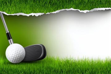 Golf club poised to strike a golf ball against a vibrant green grass backdrop, featuring a torn paper effect that enhances the dynamic and sporty atmosphere of the scene