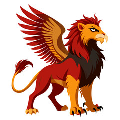 Majestic griffin with red and orange wings isolated on white background