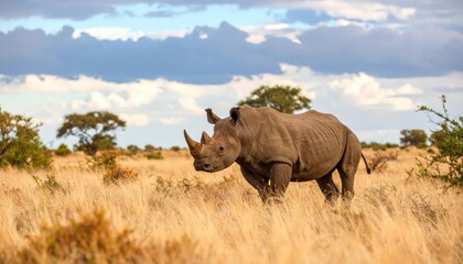 Obraz premium Rhino grazes savanna at golden hour.