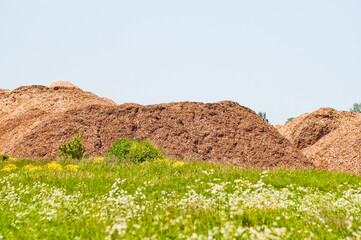 mountains of wood chips against the blue sky and green forest