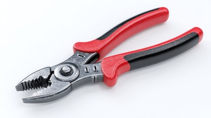 Obraz premium Pliers tool with red and black handles seen from a high angle,isolated on a white surface