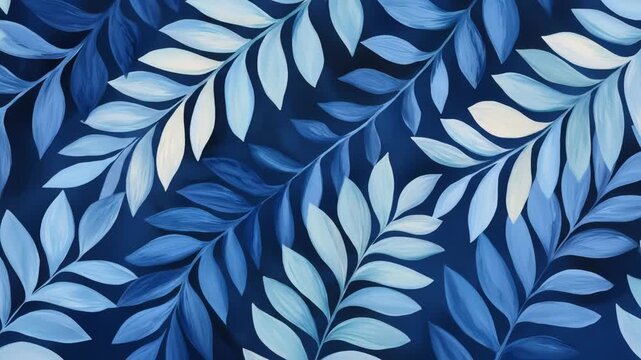 Abstract pattern of blue and white leaves on a dark blue background.