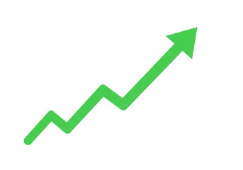 Green upward trending line graph arrow indicating growth and success isolated on transparent background