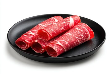 An artistic image of meticulously rolled raw beef slices arranged on a sleek black plate, ready for culinary exploration. 