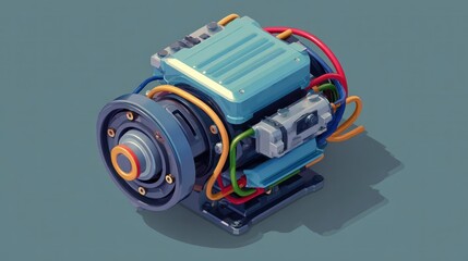 Fototapeta premium Isometric digital illustration of a complex, detailed electric motor with exposed wiring, pulley, and various mechanical components rendered in a stylized, low-poly aesthetic