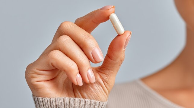 Close-up of a woman's hand gently holding a single white capsule, suggesting health, wellness, or medication. 