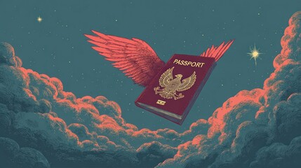 Passport with wings flies through night sky