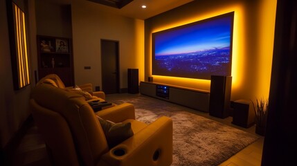 Create a chic home theater setup with comfortable leather seating in a modern living room for ultimate entertainment experience