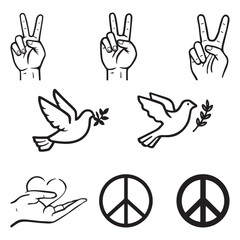 Fototapeta premium Peace Symbols Set – Vector Icons of Dove, Hand Gesture, Heart, and Peace Sign Outline