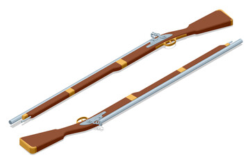 Musket Guns. Isometric set of two vintage flintlock muskets, detailed with wooden stocks and metal barrels, representing historical firearms from a bygone era. Pirate, sea robber, Marauder, Desperado