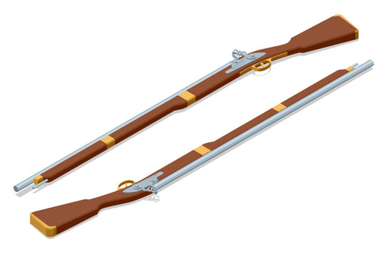Musket Guns. Isometric set of two vintage flintlock muskets, detailed with wooden stocks and metal barrels, representing historical firearms from a bygone era. Pirate, sea robber, Marauder, Desperado