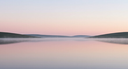 Fototapeta premium Serene Lake at Dusk: A tranquil landscape of a calm lake reflecting the pastel hues of the sunset, with gentle hills. Capturing the essence of serenity and natural beauty.