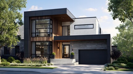 A modern, two-story residence showcases a striking facade of contrasting materials, blending wood, stone, and white brick, creating a welcoming and sophisticated exterior.