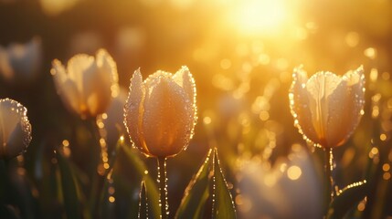 Fototapeta premium Captivating closeup of dew-covered tulips in a vibrant field nature photography early morning light floral beauty