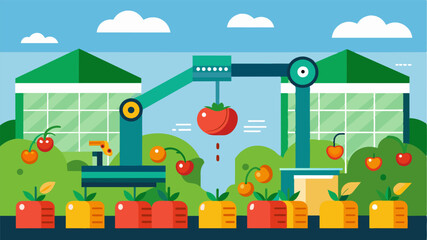 An advanced greenhouse with automated harvesting machines which can detect and pick ripe fruits and vegetables without human intervention.. Vector illustration