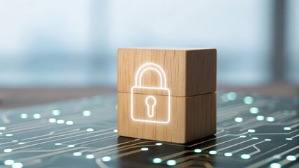 Futuristic wooden block with digital lock icon glowing amid blurred circuitry — AI-driven security concept