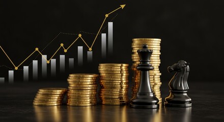 Chess pieces and coins with an upward trending graph