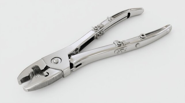 Shiny metal tool with pivot points and adjustable mechanism, lying diagonally on a bright surface