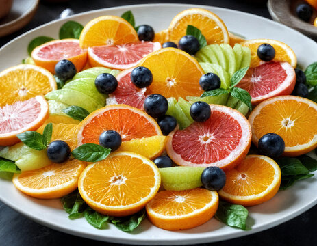 plato de ensalada de citricos con bayas y menta