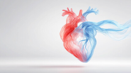 Abstract panoramic background with realistic human heart shape on it. Cardiology and health care concept.