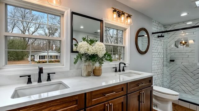 Modern bathroom design features elegant fixtures and bright natural light in a serene home setting - Powered by Adobe
