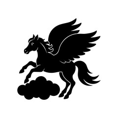 pegasus flying through clouds vector art silhouette