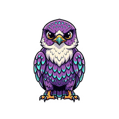 Obraz premium A stylized purple falcon, fiercely staring, with teal accents on its feathers.