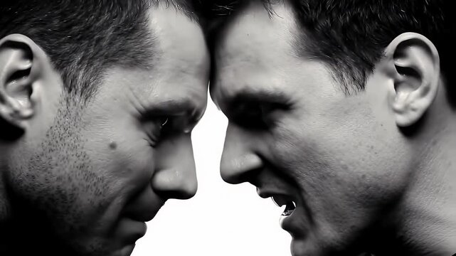 Close Up Of Two Sweaty Men Screaming Face To Face in Monochrome Showing Conflict And Intense Emotion