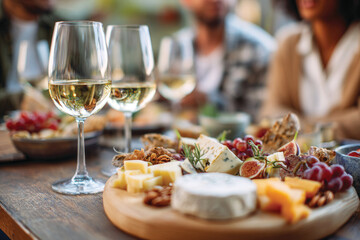 Delicious cheese and wine platter in the restaurant, with group of friends enjoying wine tasting party in the background