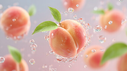 Fresh Peaches Floating Among Sparkling Water Droplets